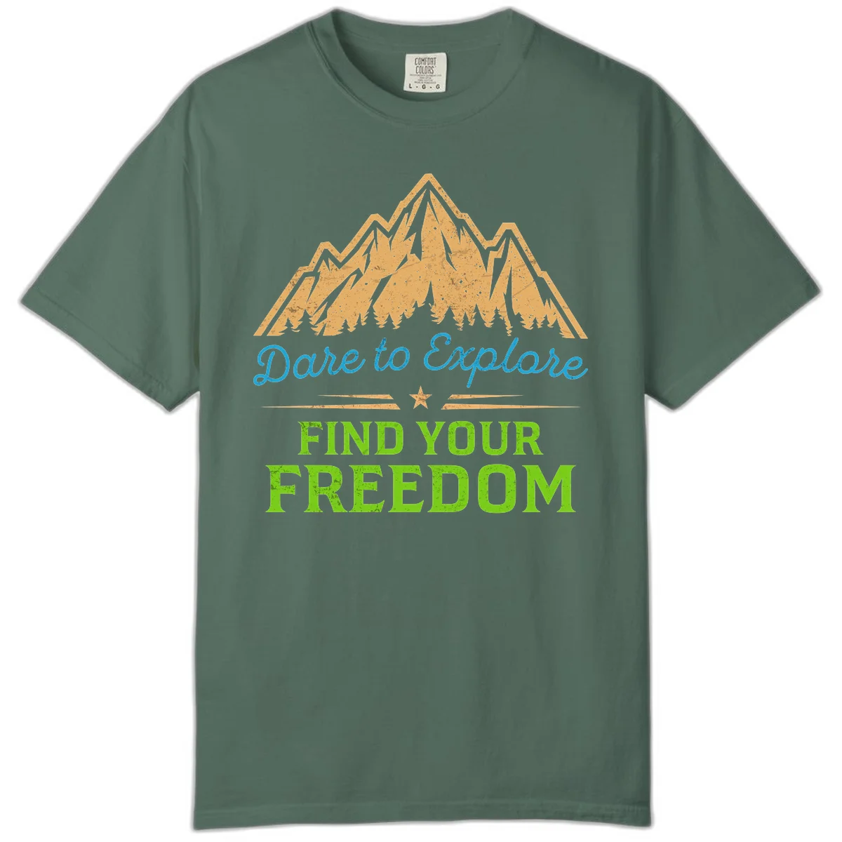 Mountain landscape with pine trees in gold, blue script 'Dare to Explore' and green text 'Find Your Freedom' with decorative star in Blue Spruce