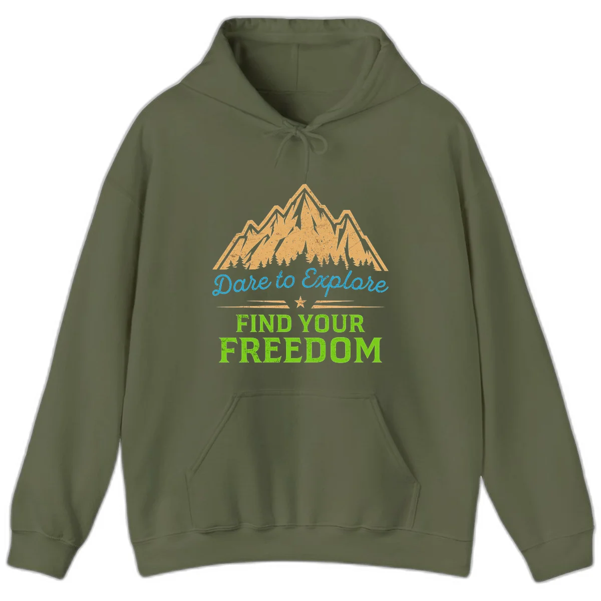 Mountain landscape with pine trees in gold, blue script 'Dare to Explore' and green text 'Find Your Freedom' with decorative star in Military Green