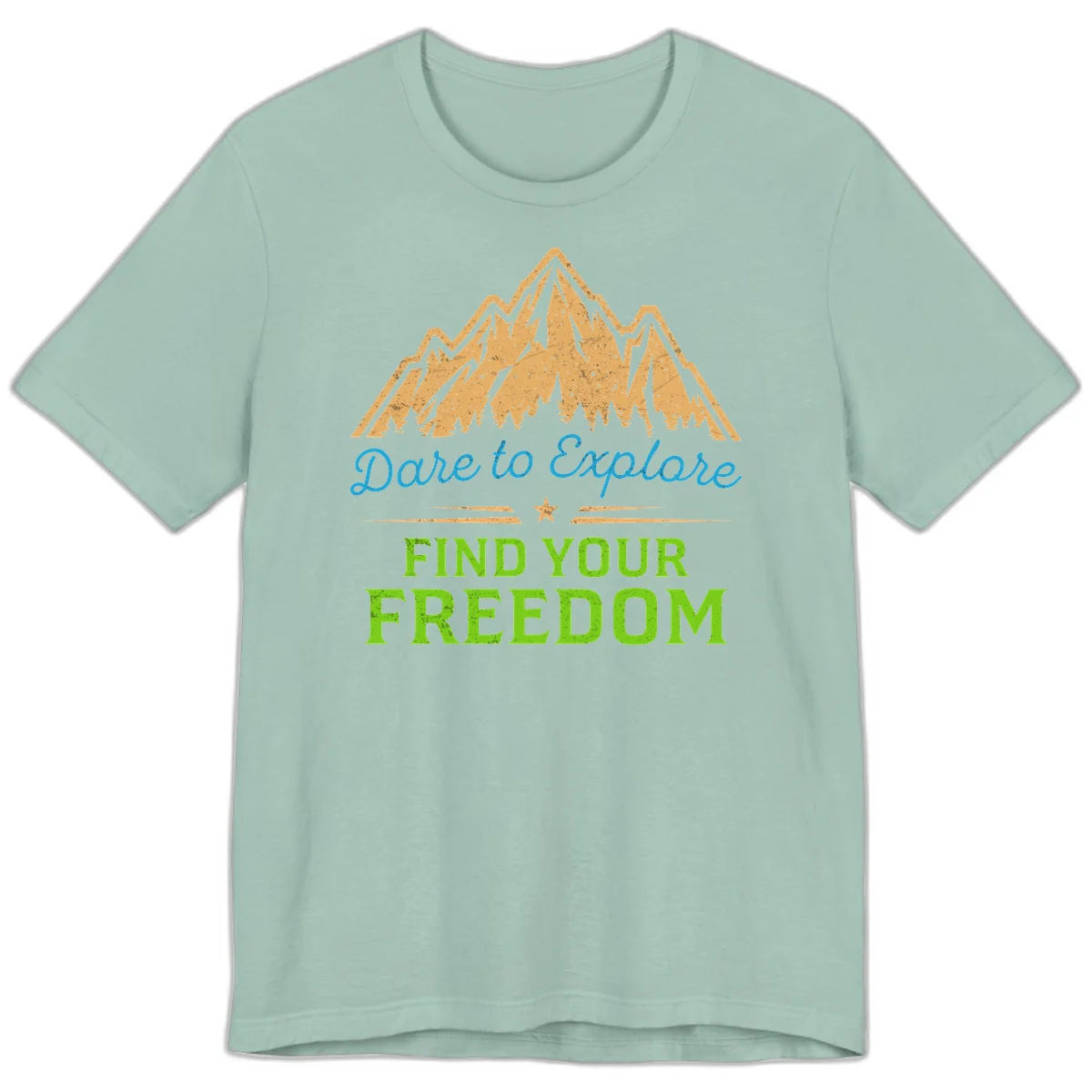 Mountain landscape with pine trees in gold, blue script 'Dare to Explore' and green text 'Find Your Freedom' with decorative star in Dusty Blue