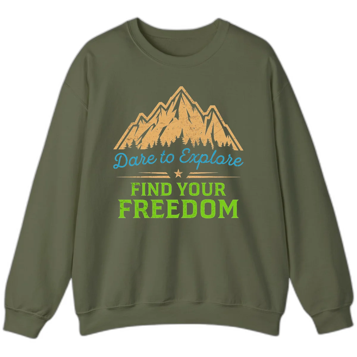 Mountain landscape with pine trees in gold, blue script 'Dare to Explore' and green text 'Find Your Freedom' with decorative star in Military Green