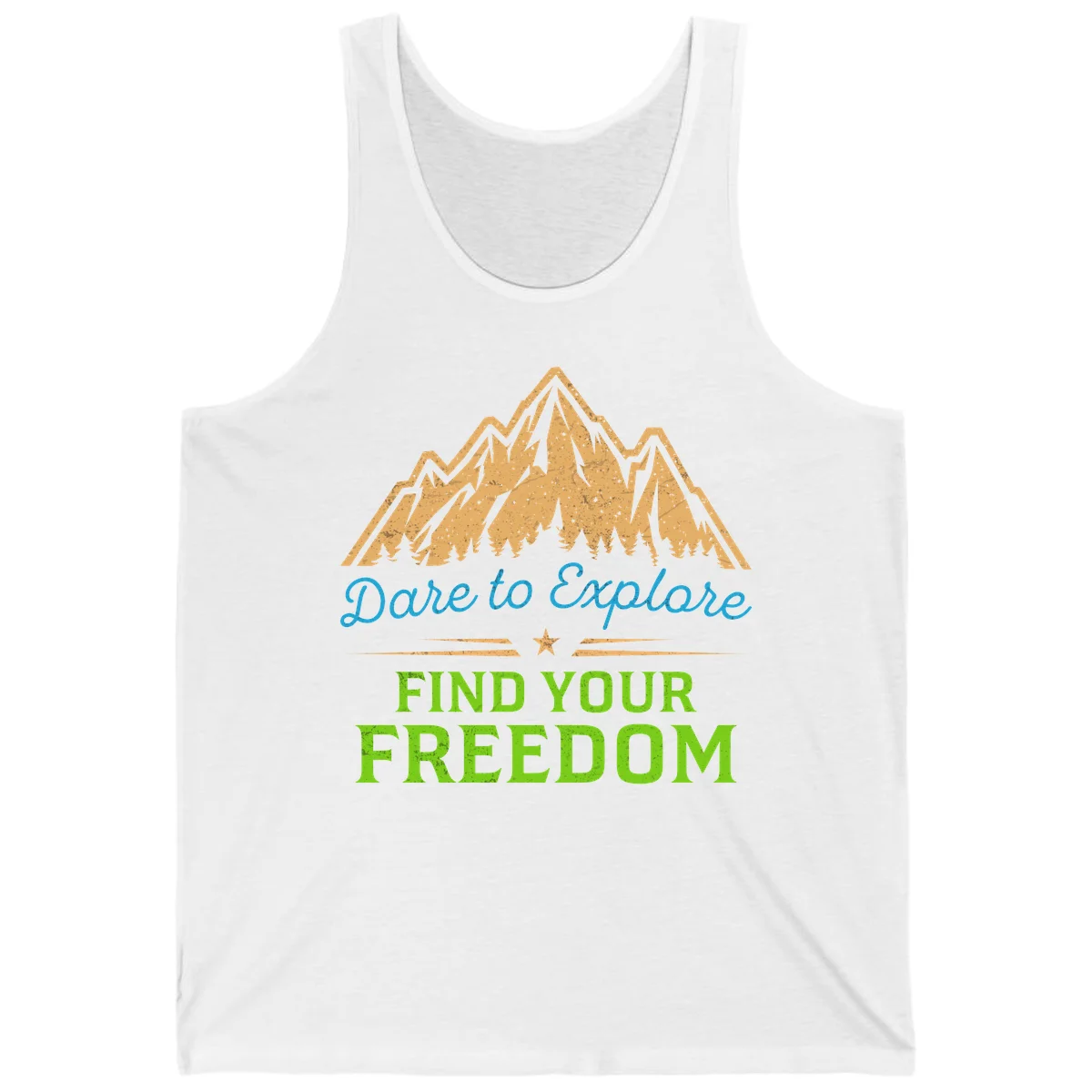 Mountain landscape with pine trees in gold, blue script 'Dare to Explore' and green text 'Find Your Freedom' with decorative star in White