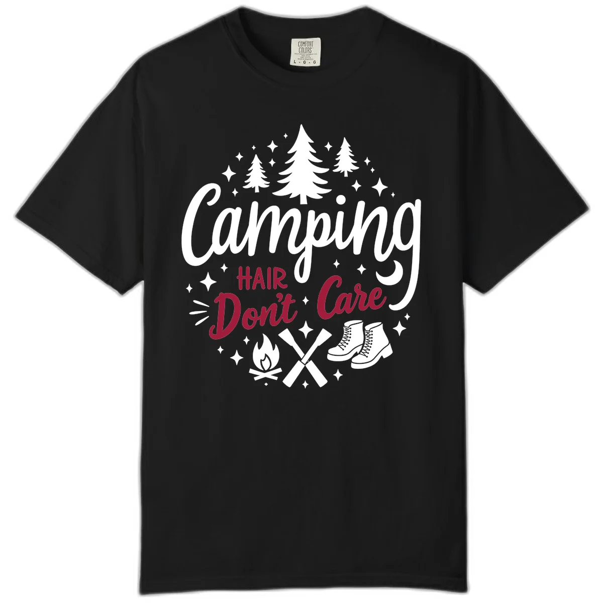 Camping hair don't care design with pine trees, campfire, boots, and script lettering on gray background in Black