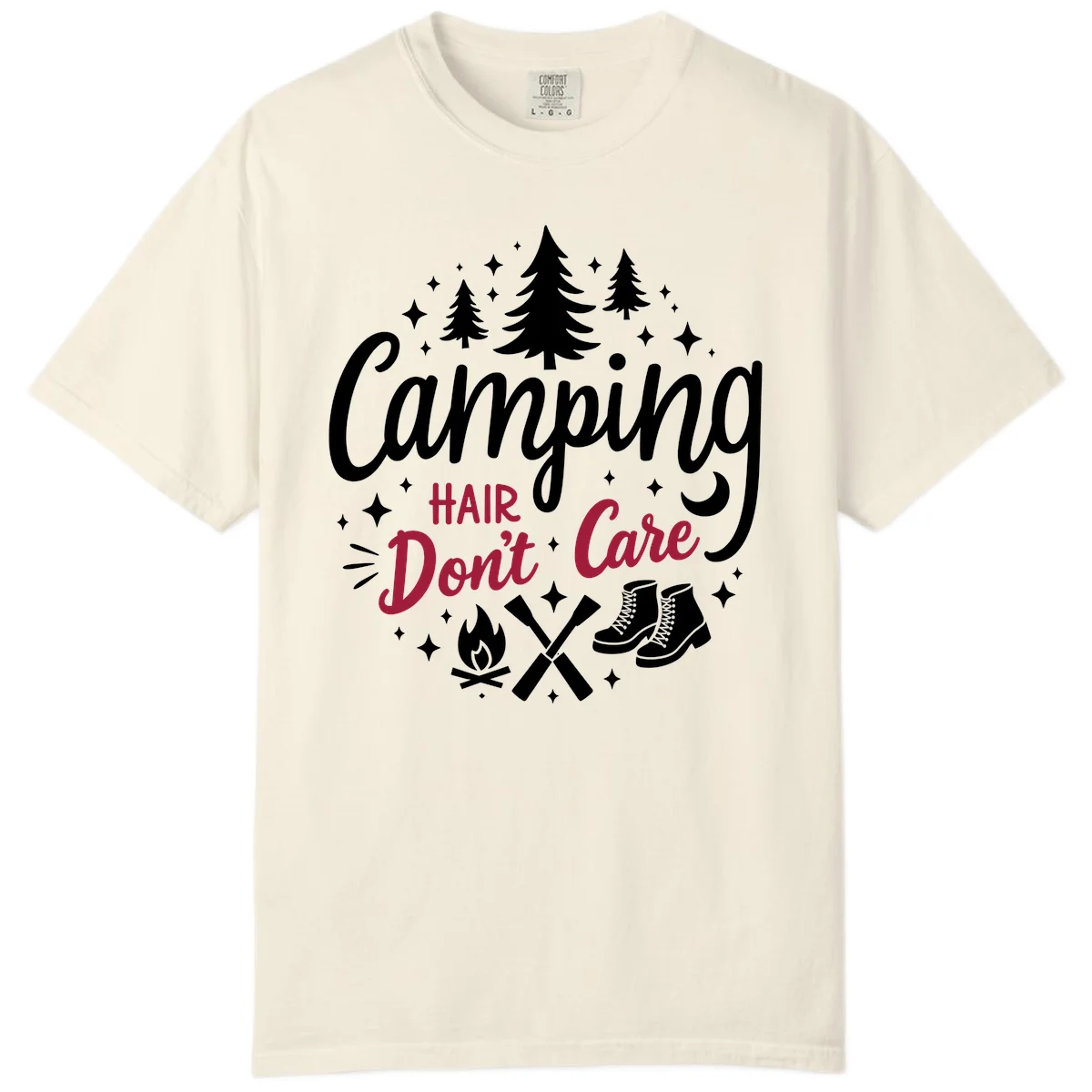 Camping hair don't care design with pine trees, campfire, boots, and script lettering on gray background in Ivory