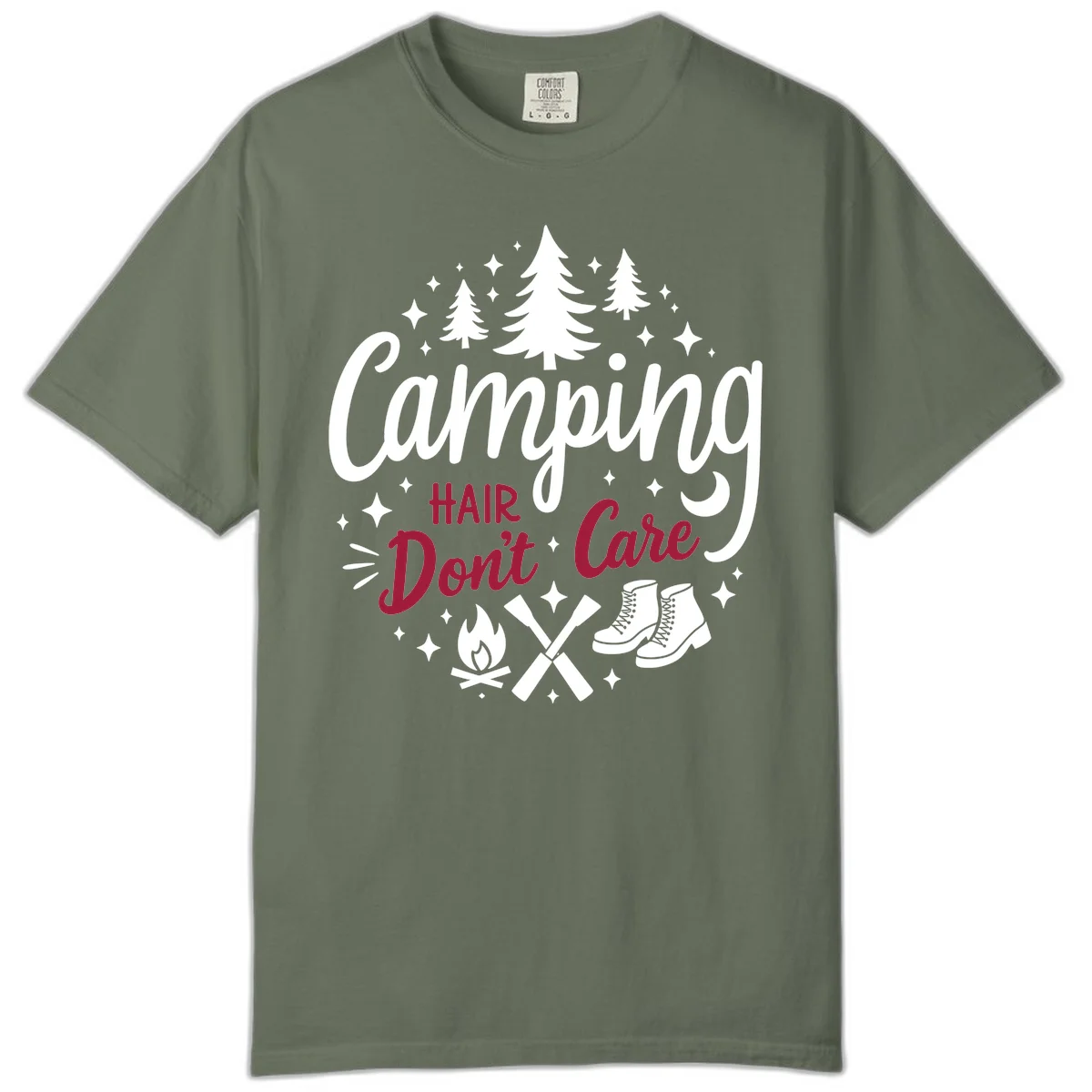 Camping hair don't care design with pine trees, campfire, boots, and script lettering on gray background in Moss