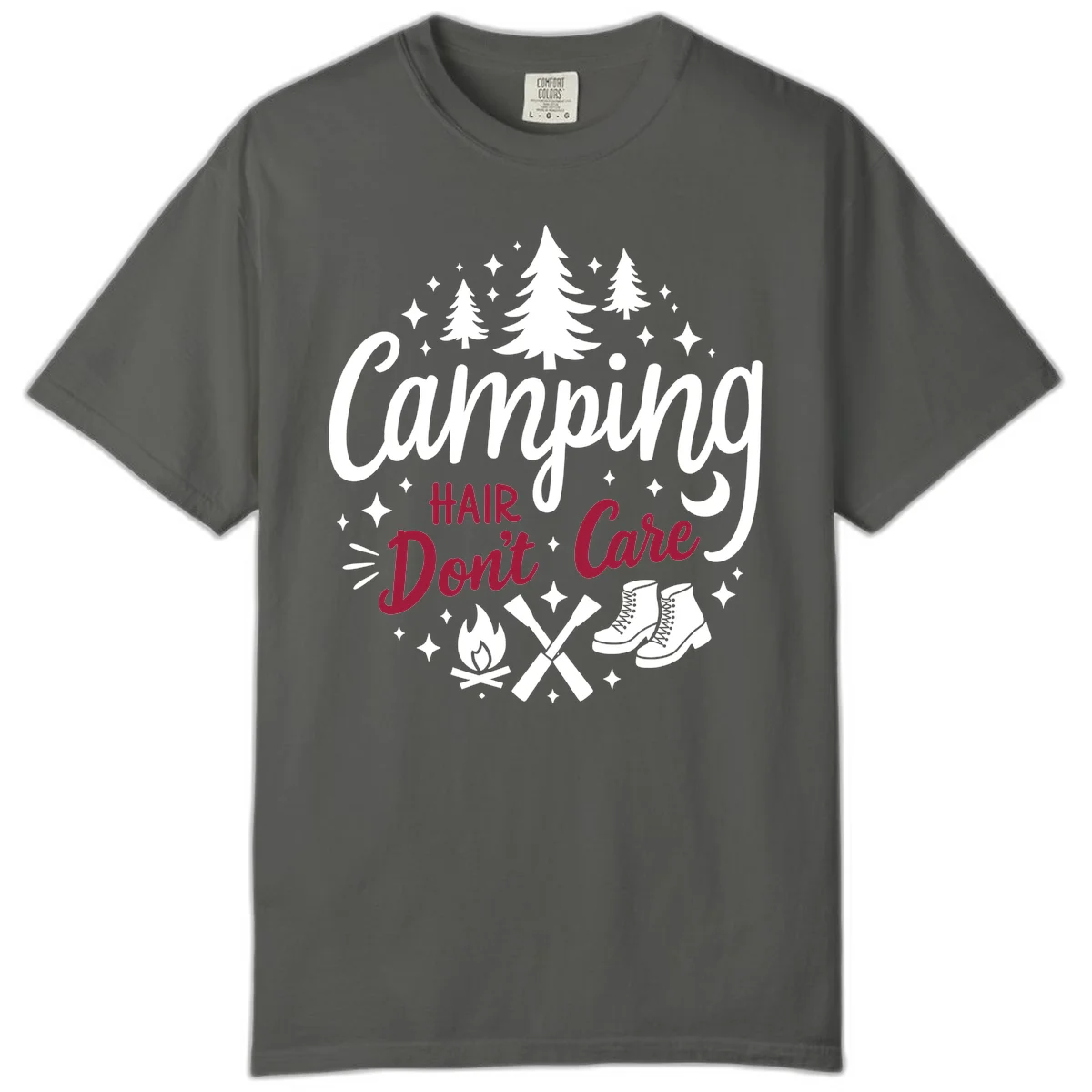 Camping hair don't care design with pine trees, campfire, boots, and script lettering on gray background in Pepper