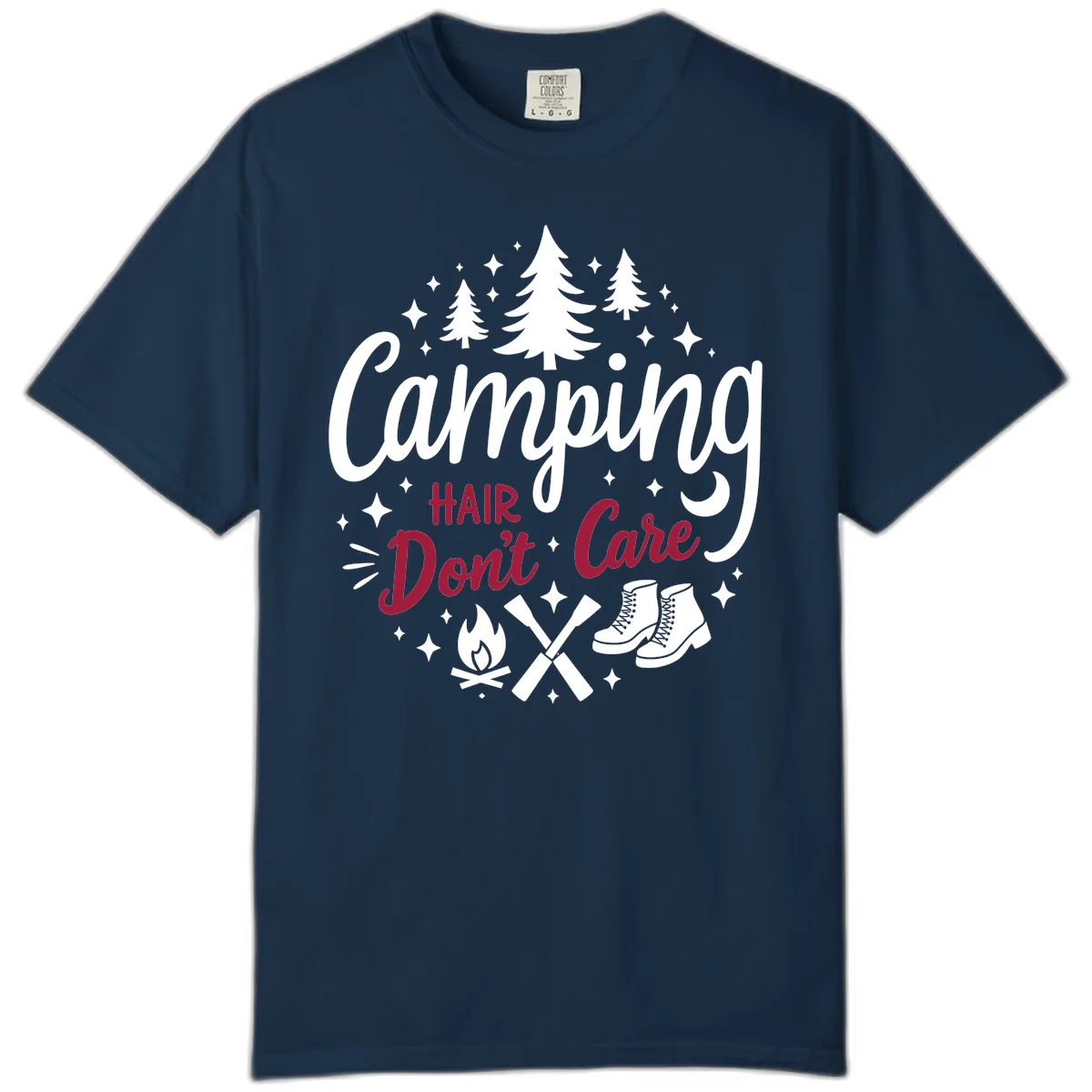 Camping hair don't care design with pine trees, campfire, boots, and script lettering on gray background in True Navy