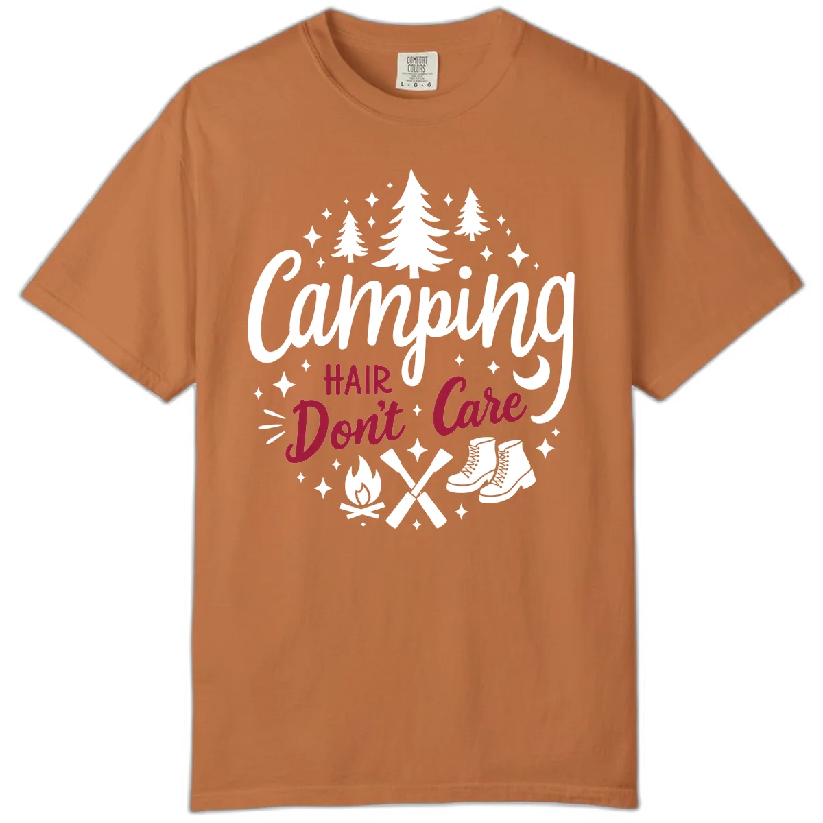 Camping hair don't care design with pine trees, campfire, boots, and script lettering on gray background in Yam