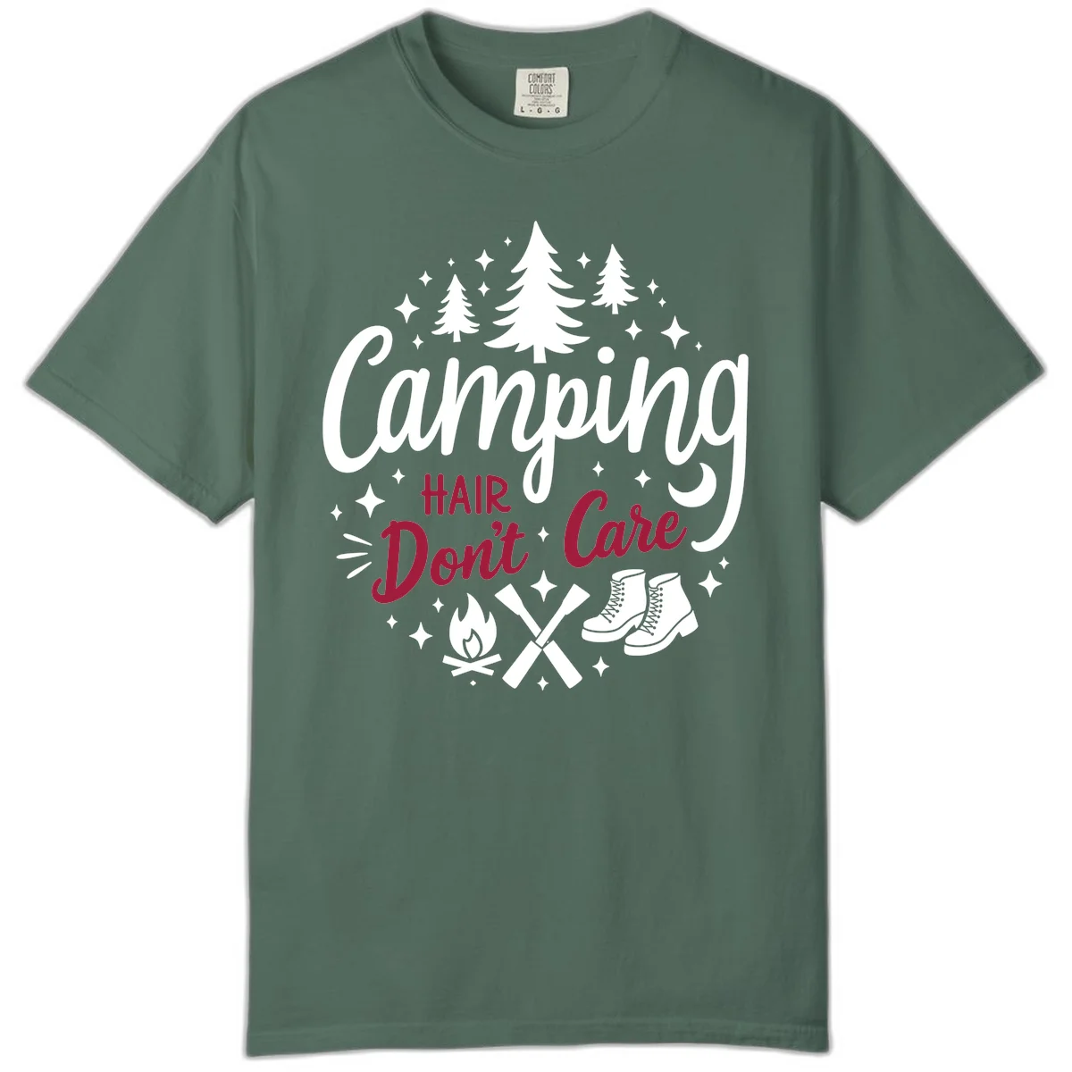 Camping hair don't care design with pine trees, campfire, boots, and script lettering on gray background in Blue Spruce