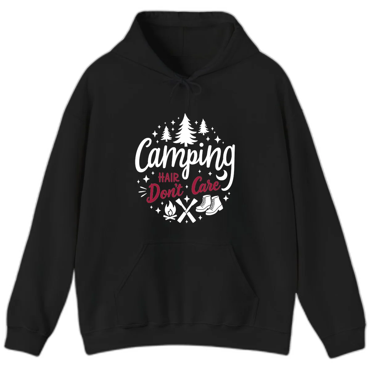 Camping hair don't care design with pine trees, campfire, boots, and script lettering on gray background in Black