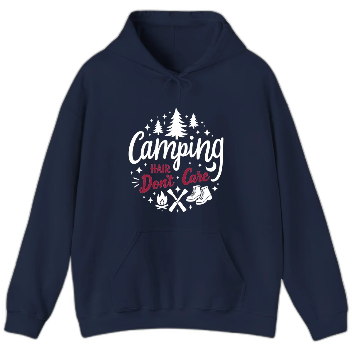 Camping hair don't care design with pine trees, campfire, boots, and script lettering on gray background in Navy