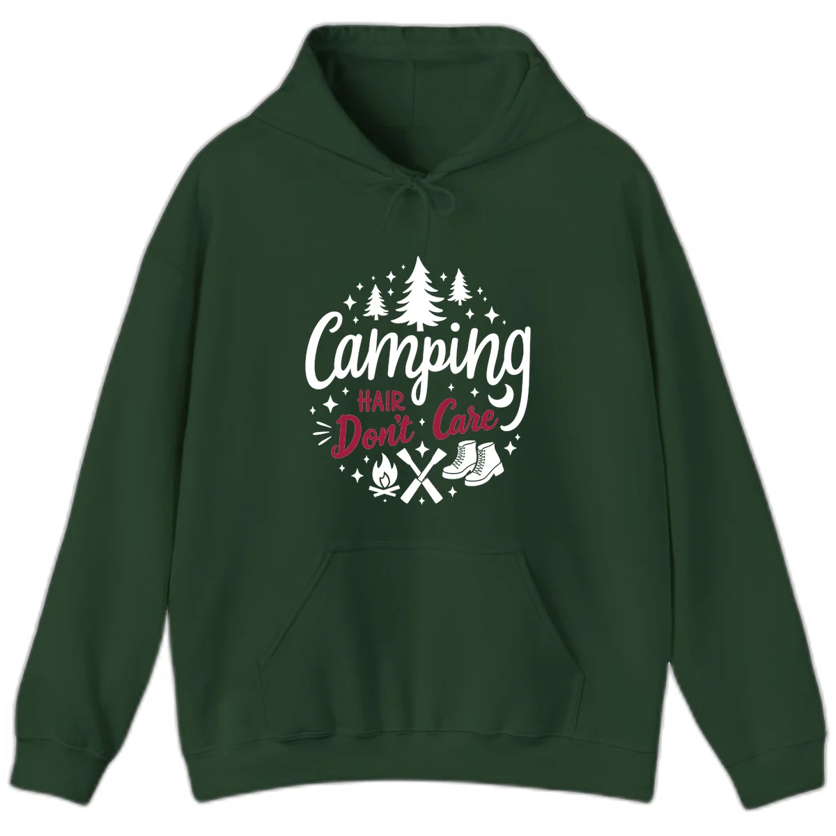 Camping hair don't care design with pine trees, campfire, boots, and script lettering on gray background in Forest Green
