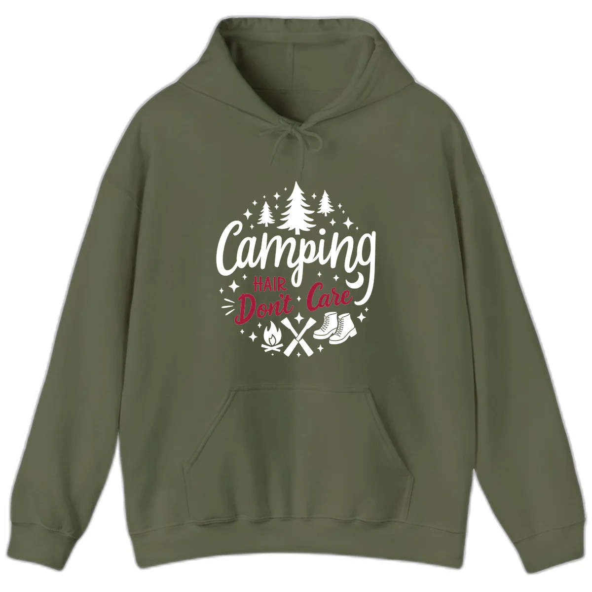 Camping hair don't care design with pine trees, campfire, boots, and script lettering on gray background in Military Green