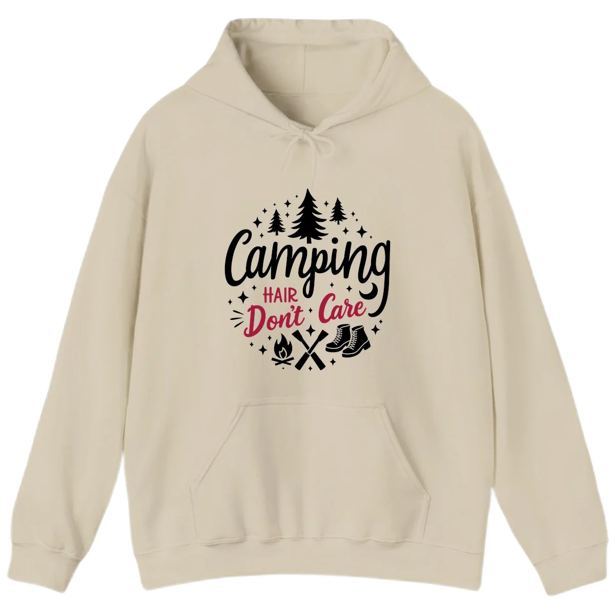 Camping hair don't care design with pine trees, campfire, boots, and script lettering on gray background in Sand