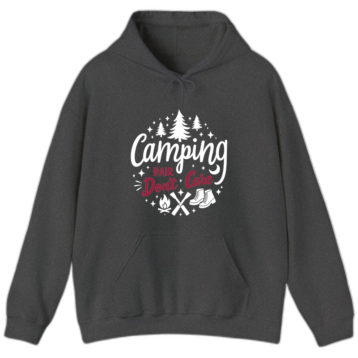 Camping hair don't care design with pine trees, campfire, boots, and script lettering on gray background in Dark Heather