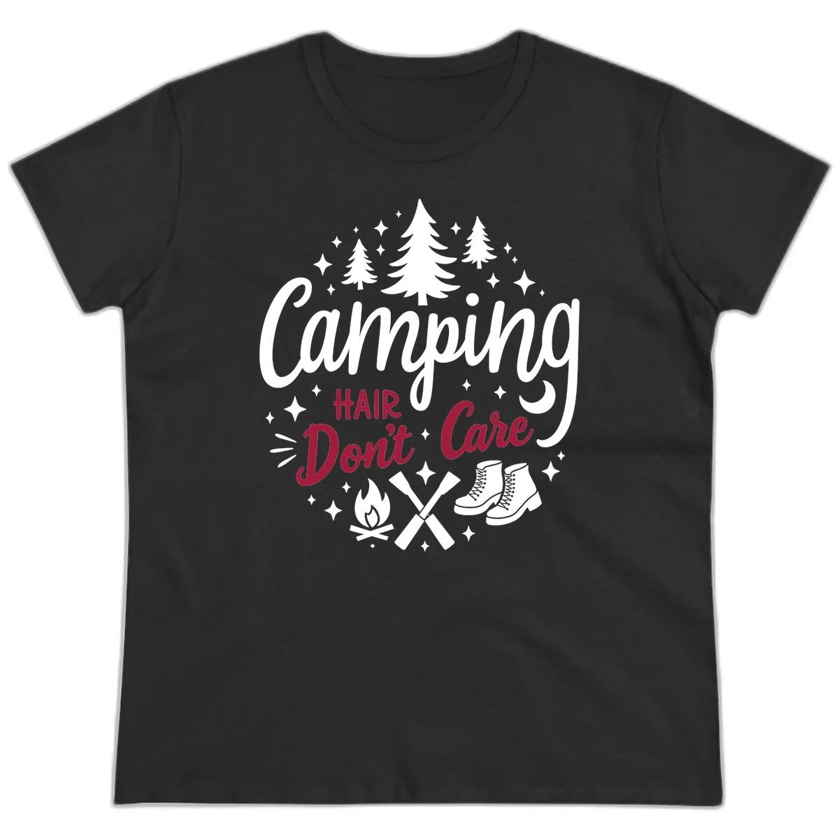 Camping hair don't care design with pine trees, campfire, boots, and script lettering on gray background in Black