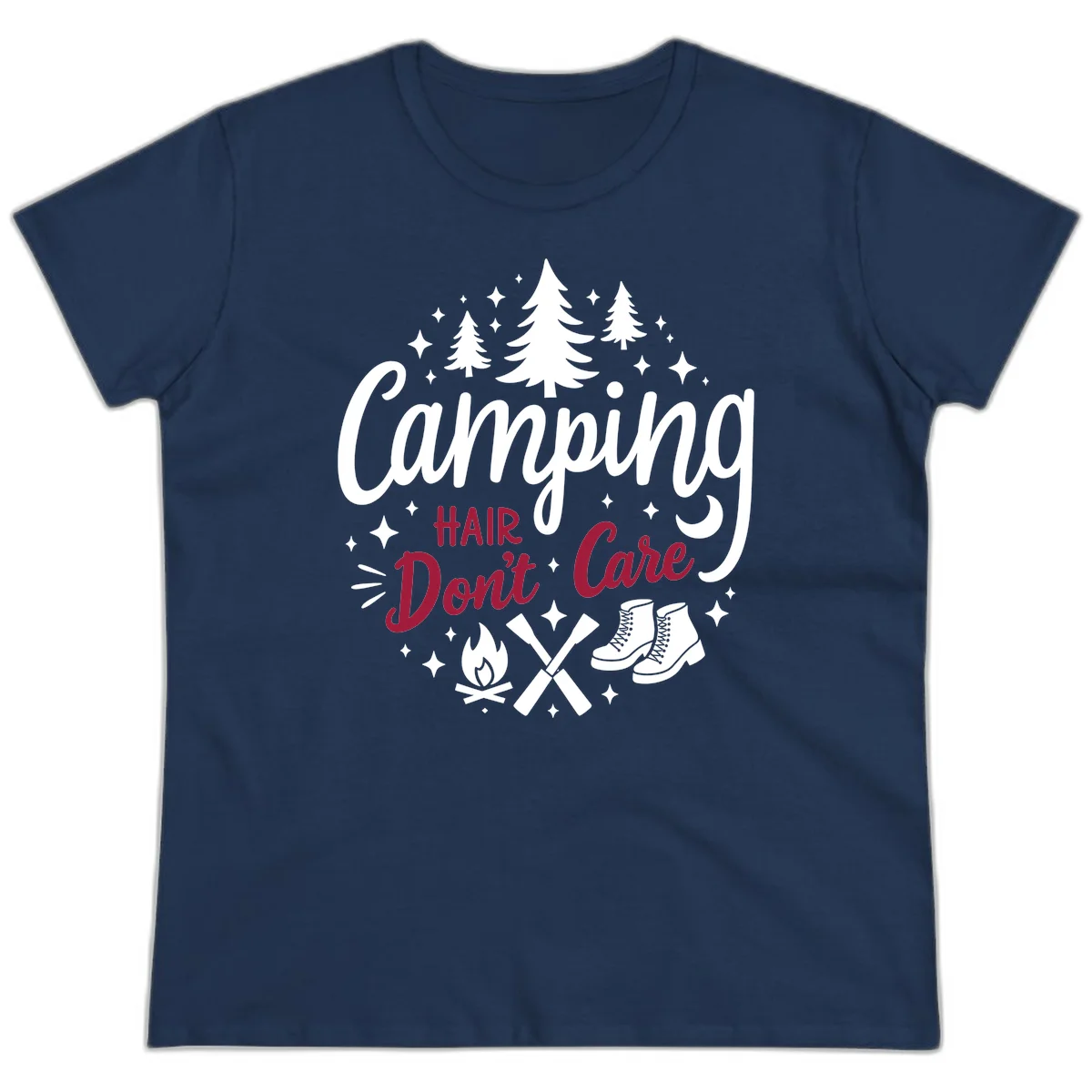 Camping hair don't care design with pine trees, campfire, boots, and script lettering on gray background in Navy