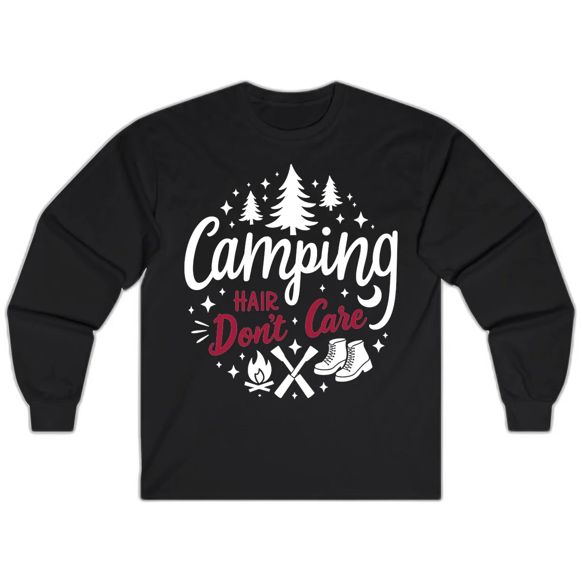 Camping hair don't care design with pine trees, campfire, boots, and script lettering on gray background in Black