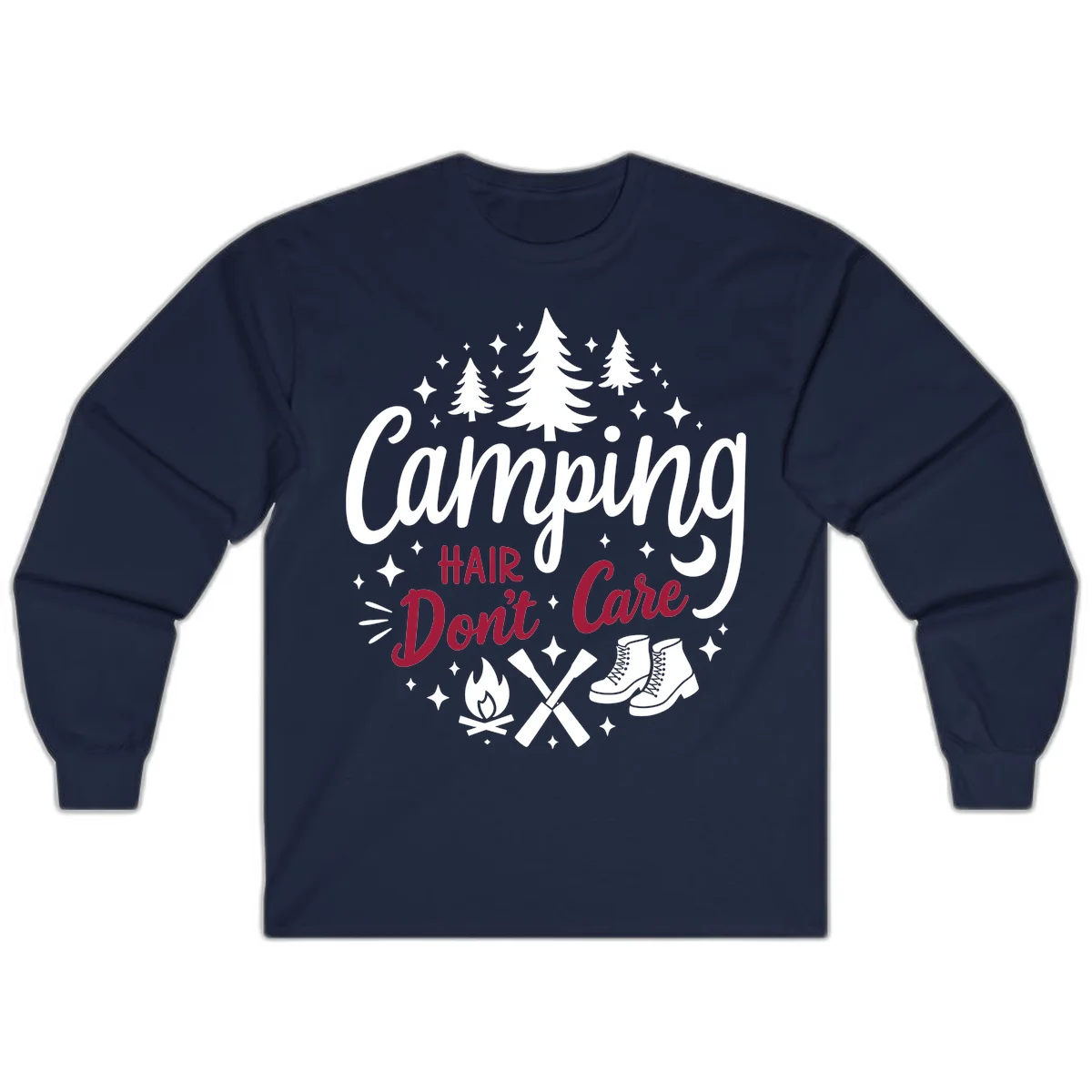 Camping hair don't care design with pine trees, campfire, boots, and script lettering on gray background in Navy