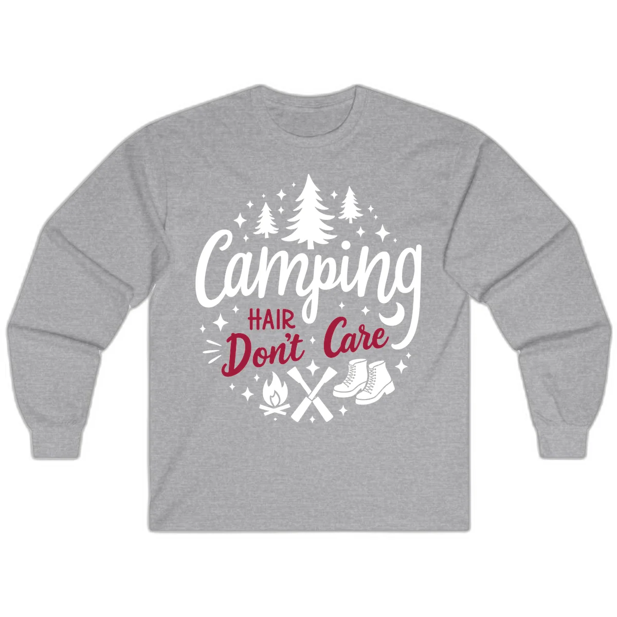 Camping hair don't care design with pine trees, campfire, boots, and script lettering on gray background in Sport Grey