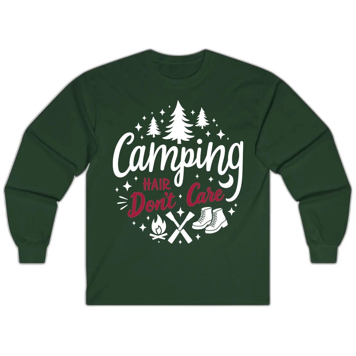 Camping hair don't care design with pine trees, campfire, boots, and script lettering on gray background in Forest Green