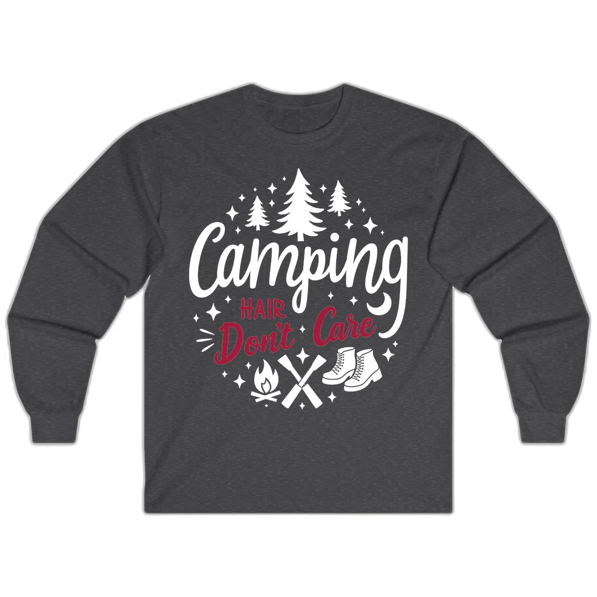 Camping hair don't care design with pine trees, campfire, boots, and script lettering on gray background in Dark Heather