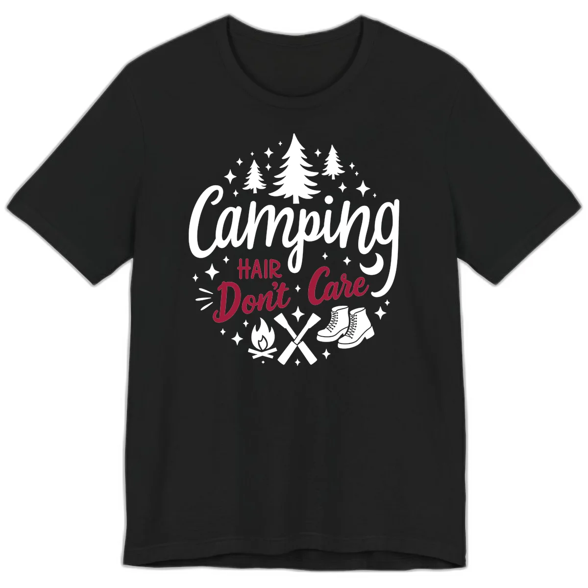 Camping hair don't care design with pine trees, campfire, boots, and script lettering on gray background in Black