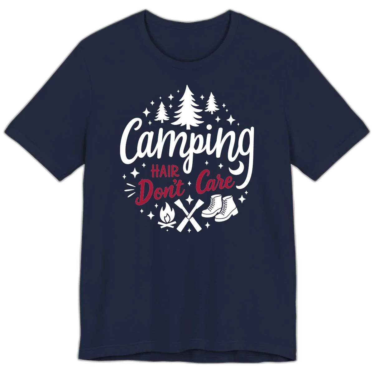 Camping hair don't care design with pine trees, campfire, boots, and script lettering on gray background in Navy