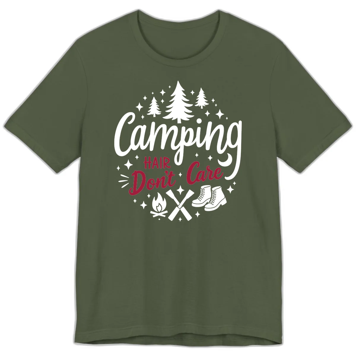Camping hair don't care design with pine trees, campfire, boots, and script lettering on gray background in Military Green