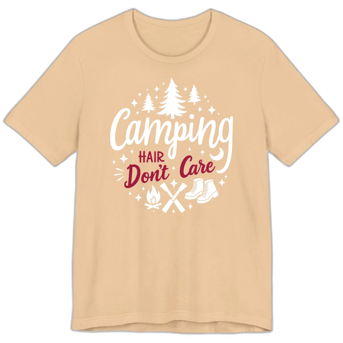 Camping hair don't care design with pine trees, campfire, boots, and script lettering on gray background in Sand Dune