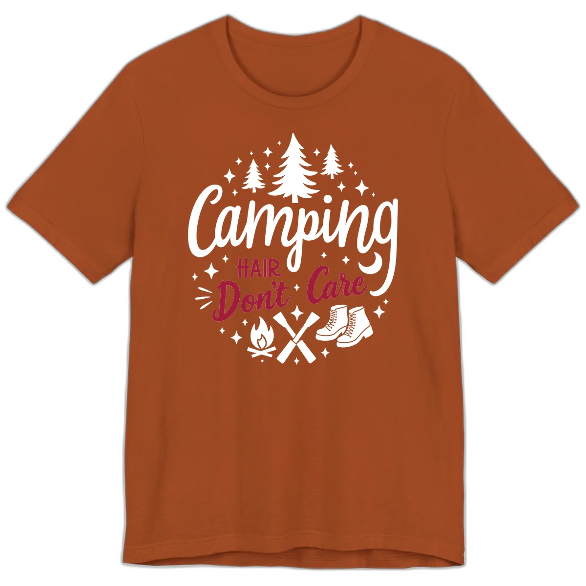 Camping hair don't care design with pine trees, campfire, boots, and script lettering on gray background in Autumn