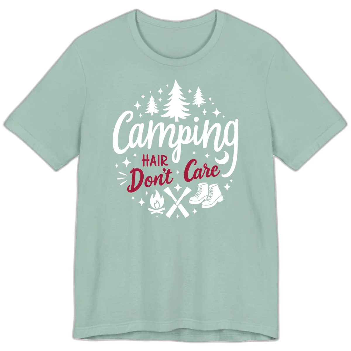 Camping hair don't care design with pine trees, campfire, boots, and script lettering on gray background in Dusty Blue
