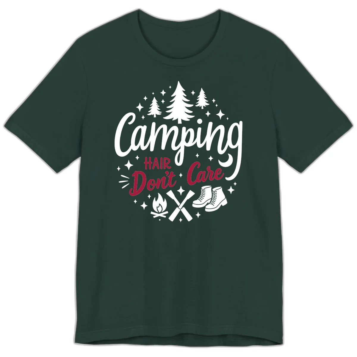 Camping hair don't care design with pine trees, campfire, boots, and script lettering on gray background in Forest