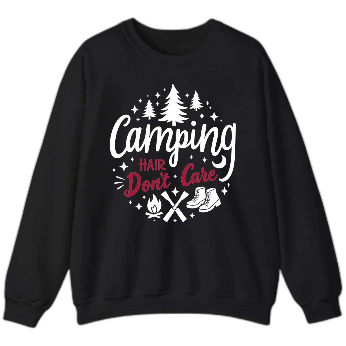 Camping hair don't care design with pine trees, campfire, boots, and script lettering on gray background in Black
