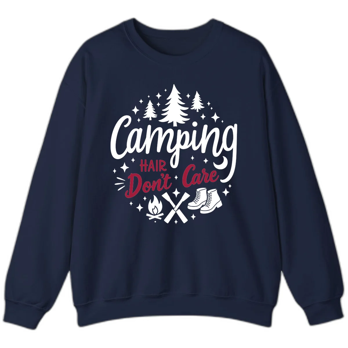 Camping hair don't care design with pine trees, campfire, boots, and script lettering on gray background in Navy