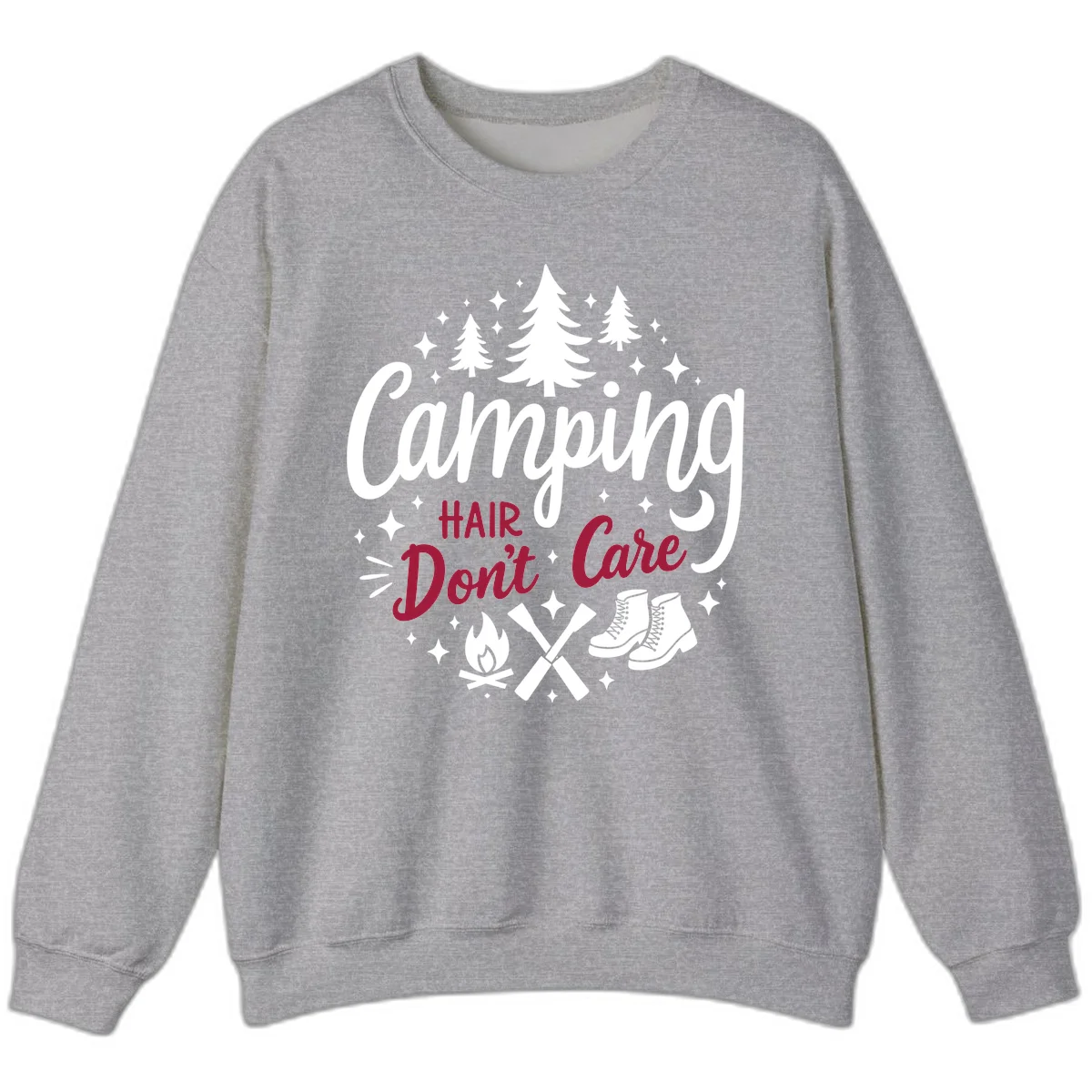 Camping hair don't care design with pine trees, campfire, boots, and script lettering on gray background in Sport Grey