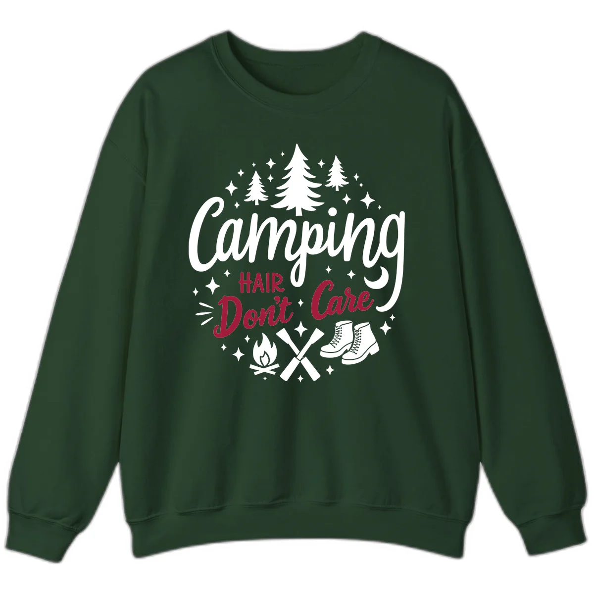 Camping hair don't care design with pine trees, campfire, boots, and script lettering on gray background in Forest Green