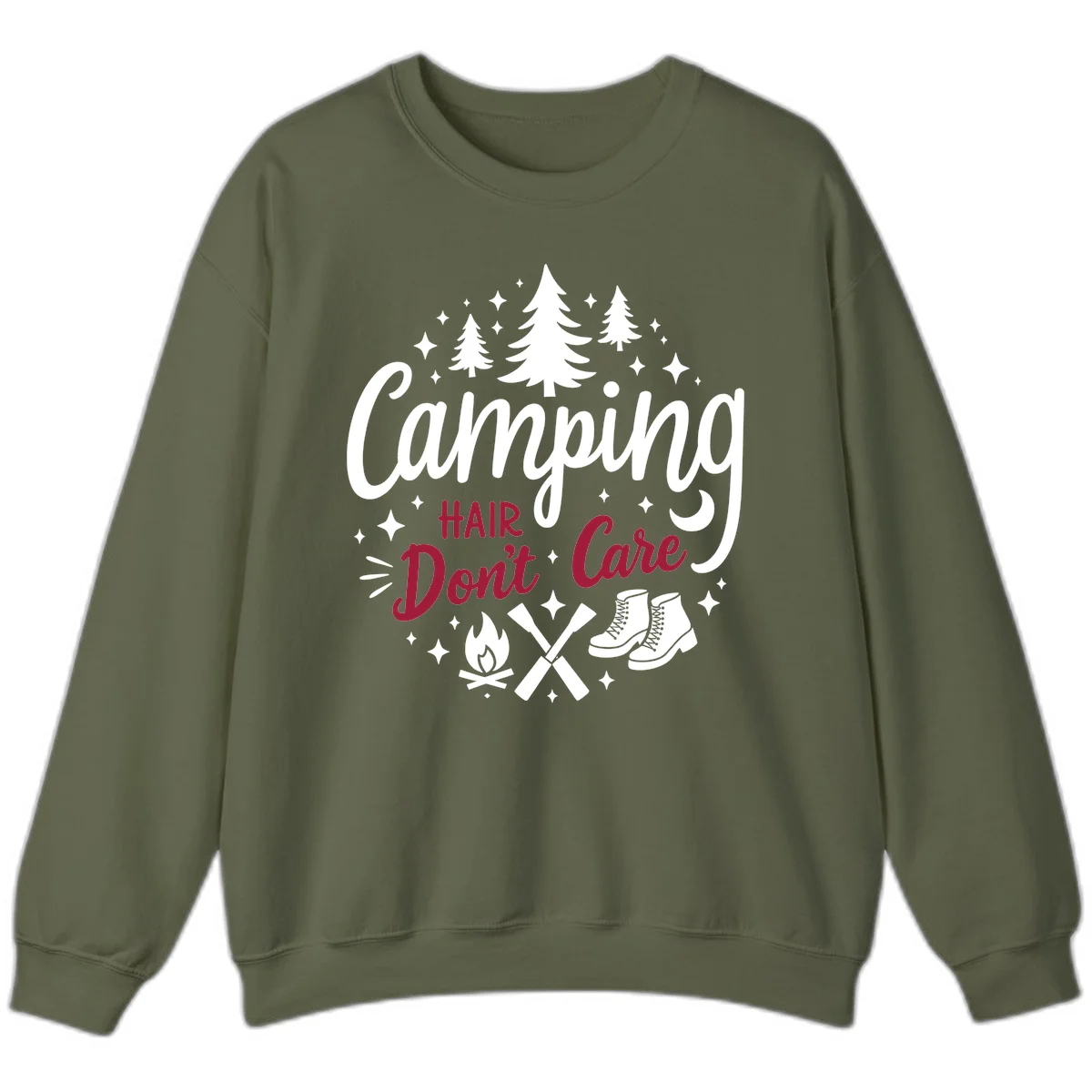 Camping hair don't care design with pine trees, campfire, boots, and script lettering on gray background in Military Green