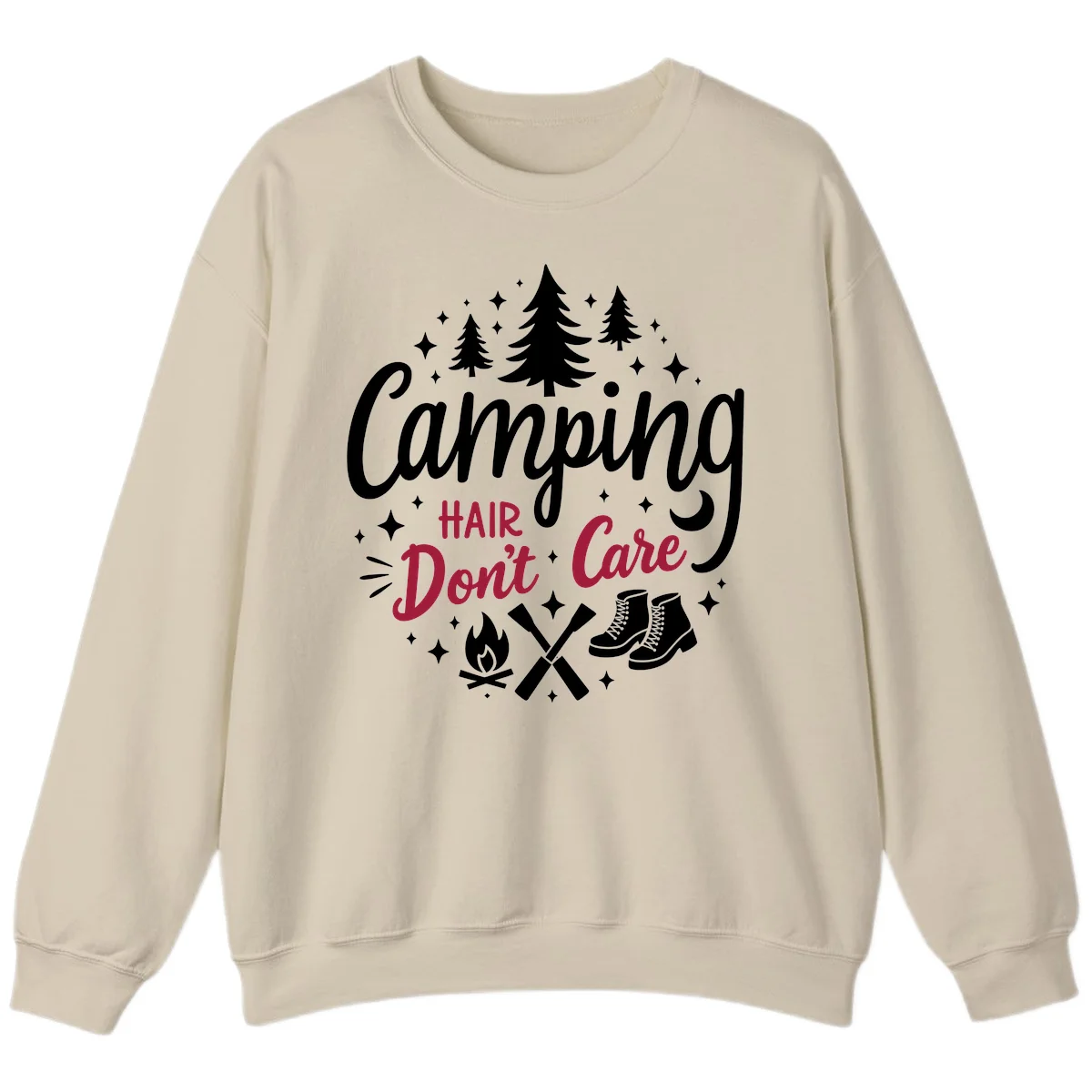 Camping hair don't care design with pine trees, campfire, boots, and script lettering on gray background in Sand