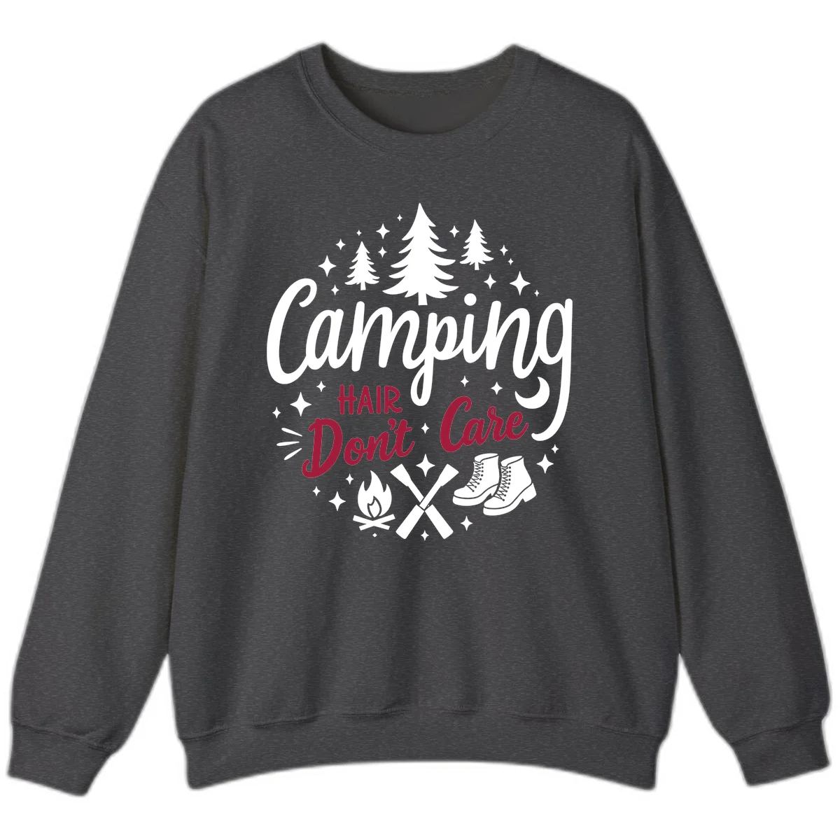 Camping hair don't care design with pine trees, campfire, boots, and script lettering on gray background in Dark Heather