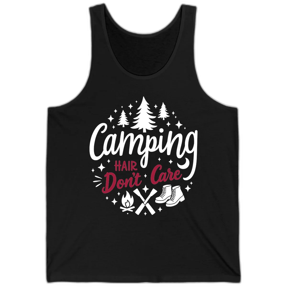 Camping hair don't care design with pine trees, campfire, boots, and script lettering on gray background in Black