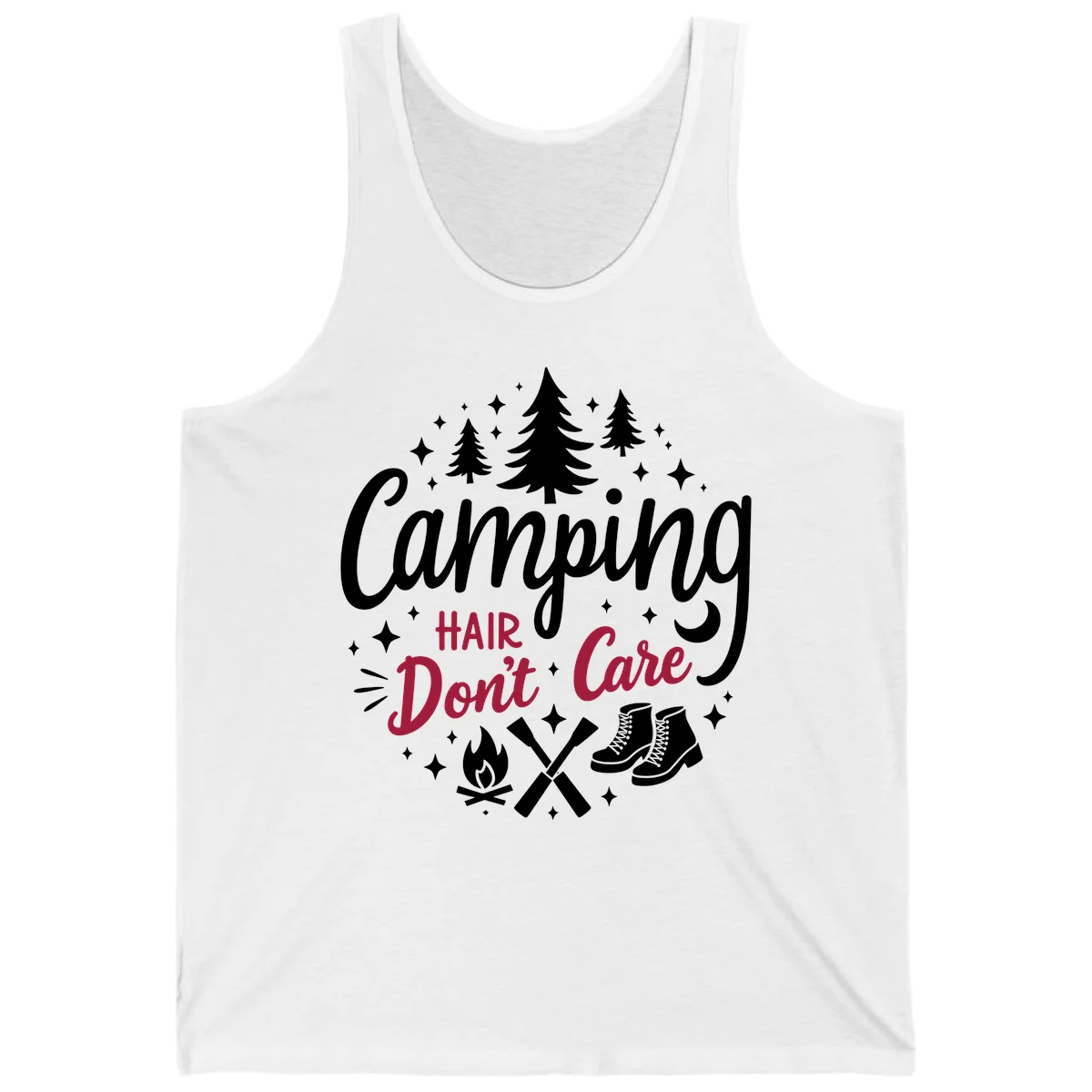 Camping hair don't care design with pine trees, campfire, boots, and script lettering on gray background in White