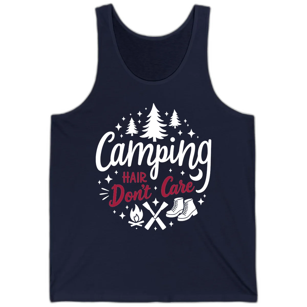 Camping hair don't care design with pine trees, campfire, boots, and script lettering on gray background in Navy