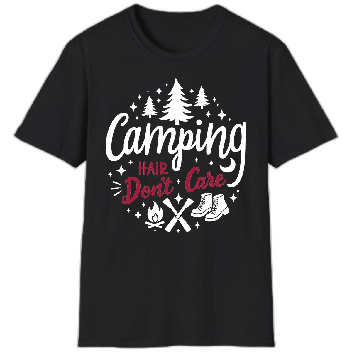 Camping hair don't care design with pine trees, campfire, boots, and script lettering on gray background in Black
