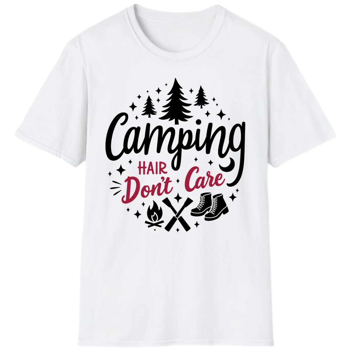 Camping hair don't care design with pine trees, campfire, boots, and script lettering on gray background in White