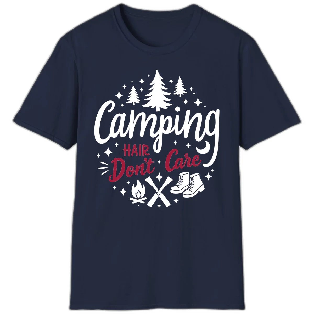 Camping hair don't care design with pine trees, campfire, boots, and script lettering on gray background in Navy