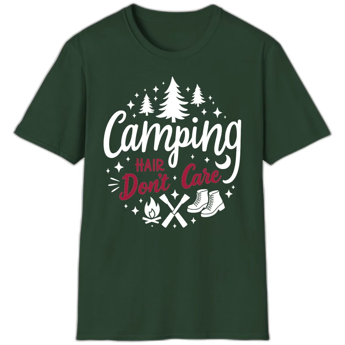 Camping hair don't care design with pine trees, campfire, boots, and script lettering on gray background in Forest Green