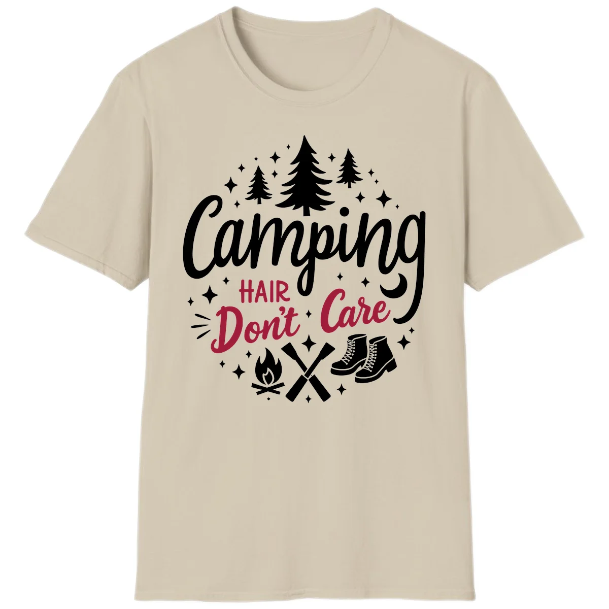 Camping hair don't care design with pine trees, campfire, boots, and script lettering on gray background in Sand
