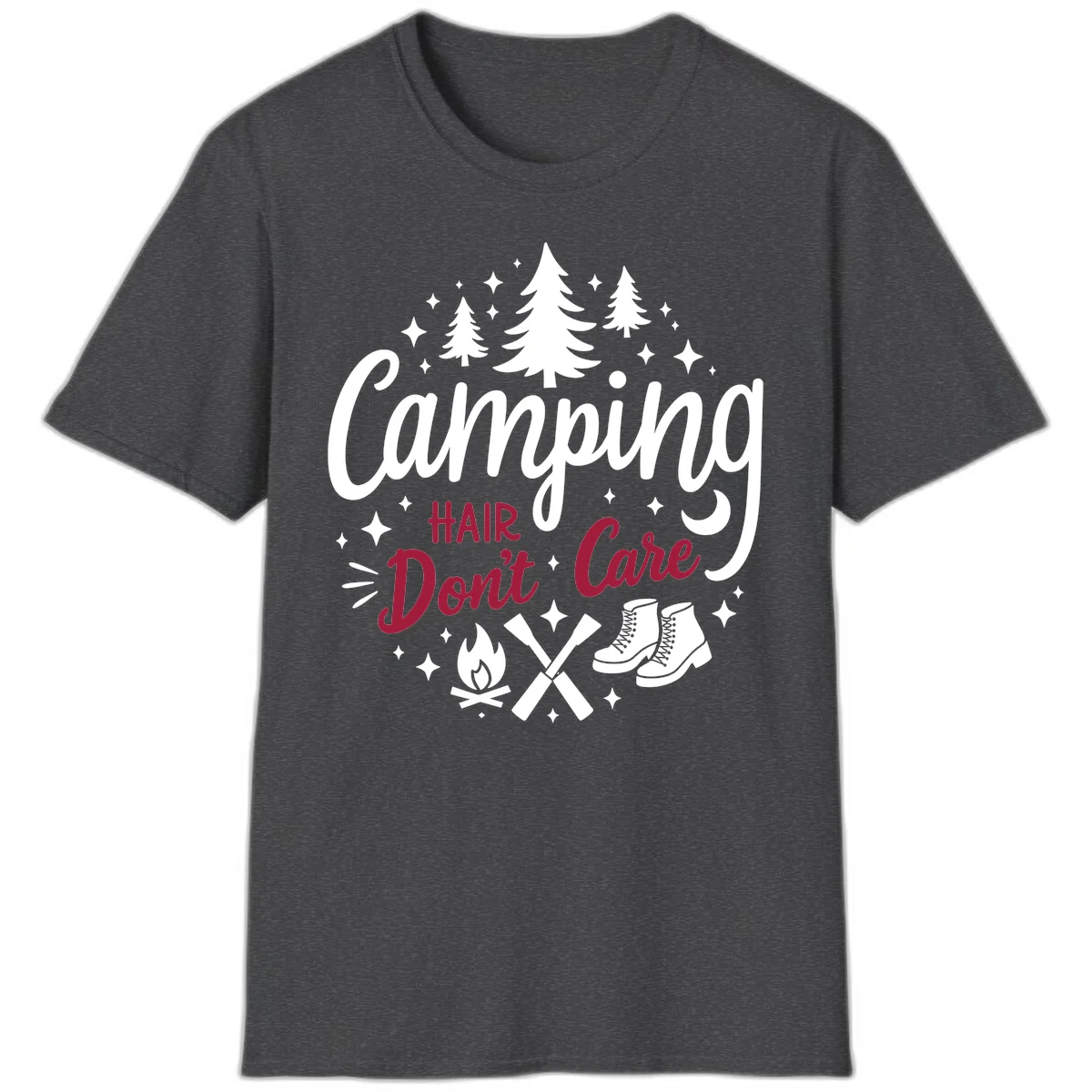 Camping hair don't care design with pine trees, campfire, boots, and script lettering on gray background in Dark Heather