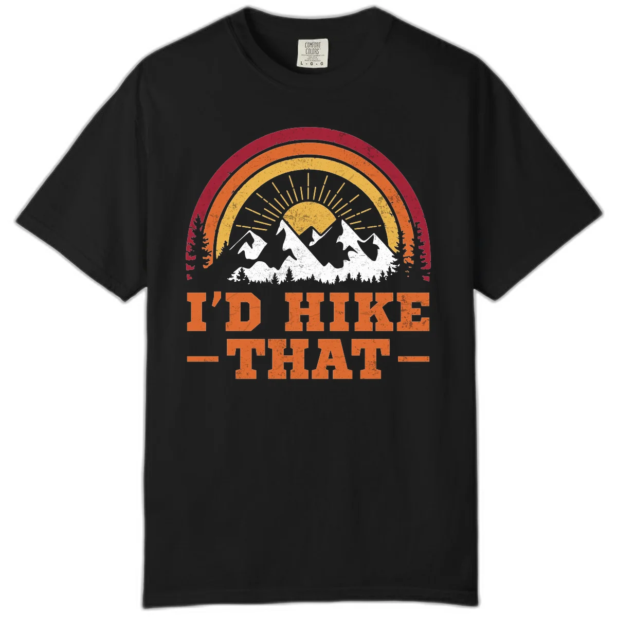 Vintage badge design with snow-capped mountains, evergreen trees, golden sun rays, and text reading 'I'd Hike That' in retro style in Black