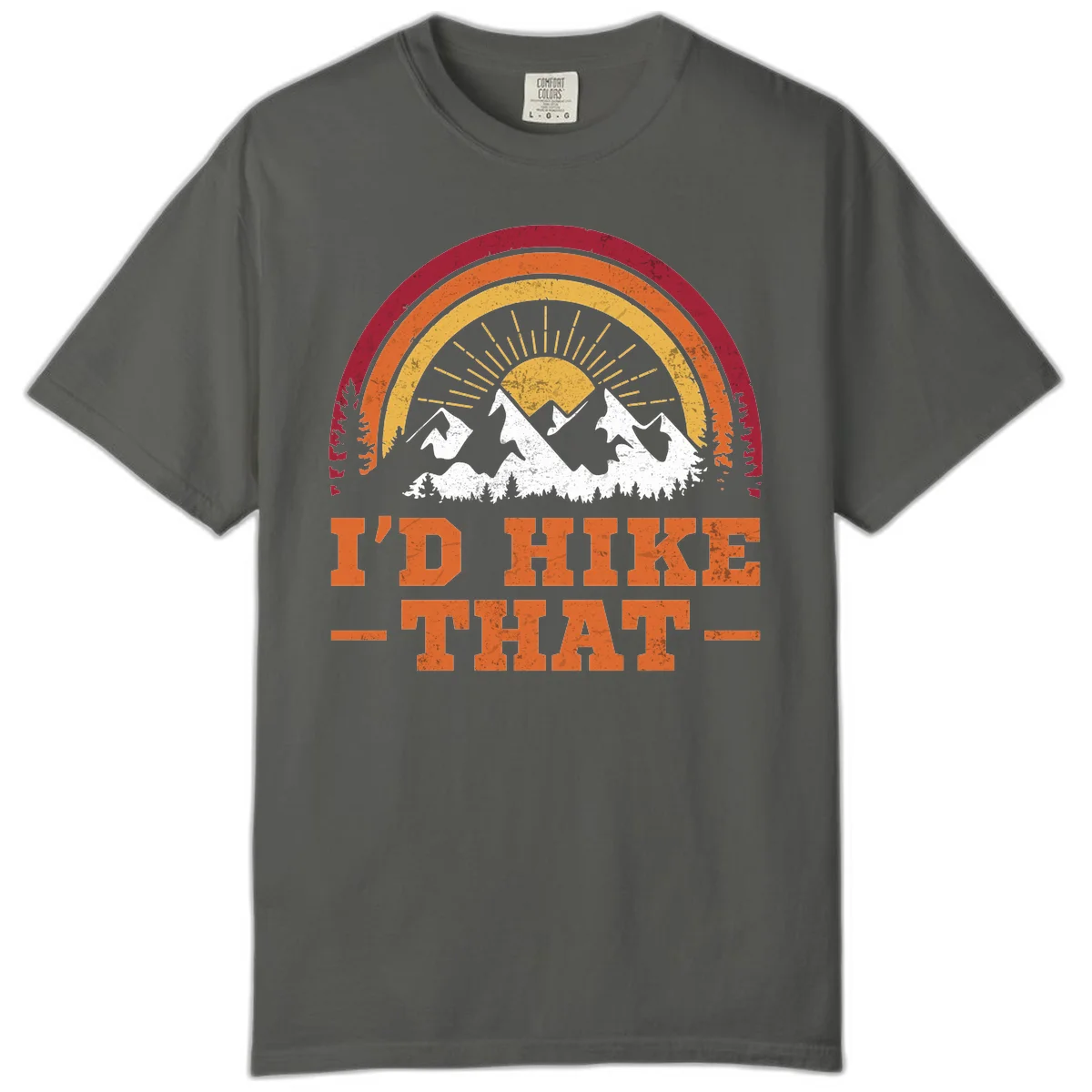 Vintage badge design with snow-capped mountains, evergreen trees, golden sun rays, and text reading 'I'd Hike That' in retro style in Pepper